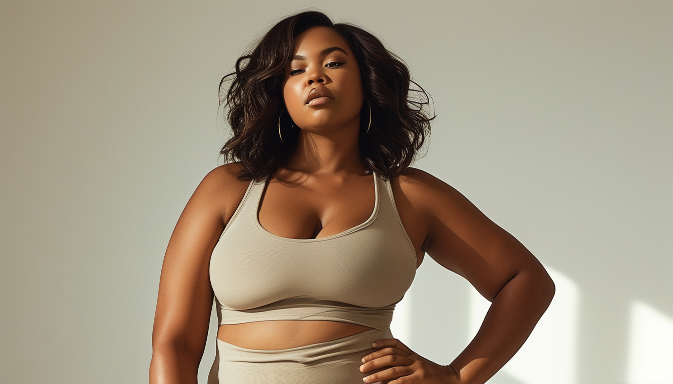 Confident plus-size woman in neutral high-waisted leggings