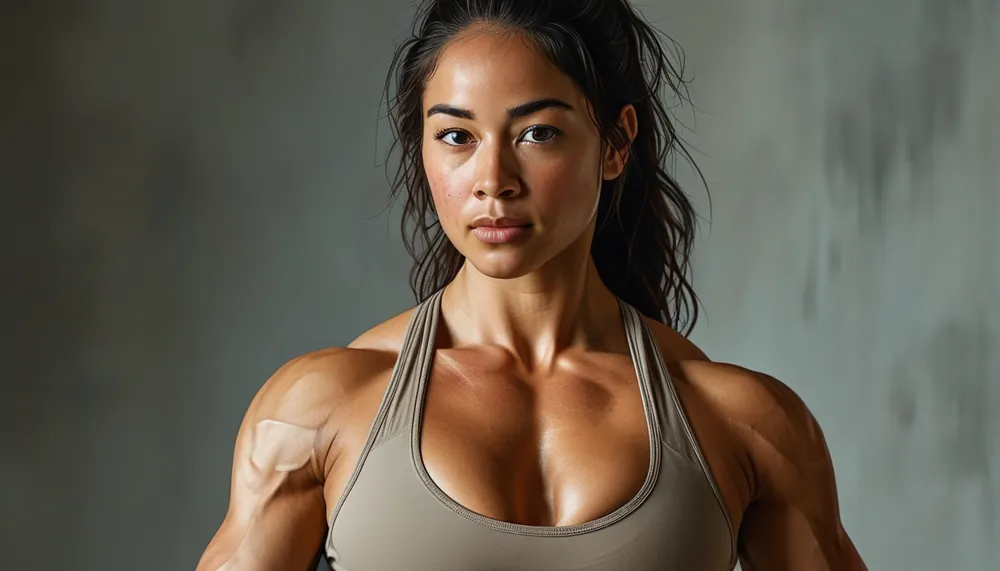 Curvy woman doing a strong workout pose, empowered